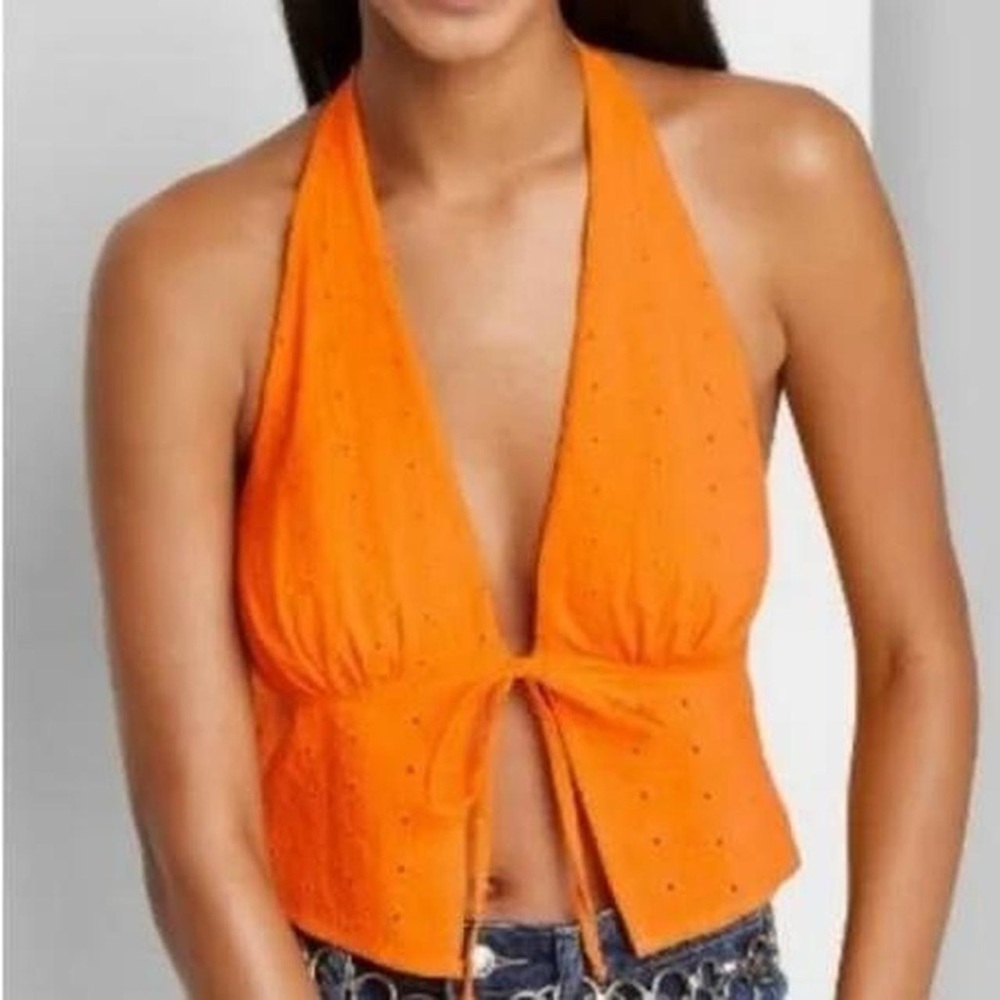 Wild Fable Orange Eyelet Halter Crop Top Tie Front Summer Boho Festival Small